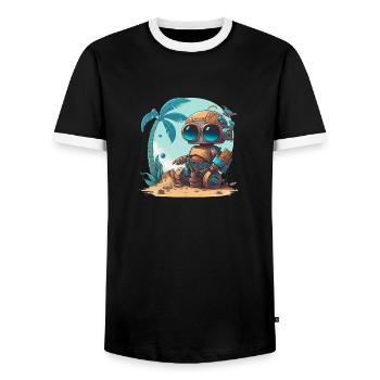 Un petit robot sur la plage sous un palmier - T-shirt contrasté Homme - noir/blanc - Devant - AI Model Female 172 light (172cm) & AI Model Male 178 light (178cm)
