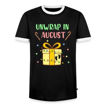 Unwrap in August, Funny Christmas in July, Xmas - Men's Ringer Shirt - black/white - Front - AI Model Female 172 light (172cm) & AI Model Male 178 light (178cm)