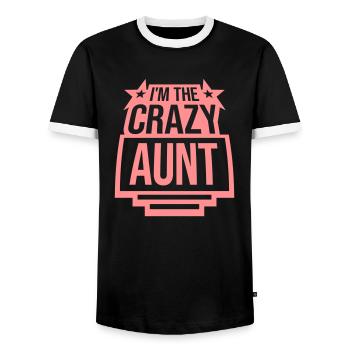 at The Crazy Aunt - Men's Ringer Shirt - black/white - Front - AI Model Female 172 light (172cm) & AI Model Male 178 light (178cm)