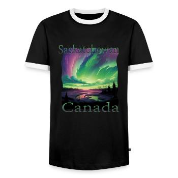 Saskatchewan-Nordlichter im Grunge-Stil - Männer Kontrast-T-Shirt - Schwarz/Weiß - Vorne - AI Model Female 172 light (172cm) & AI Model Male 178 light (178cm)