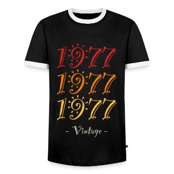 1977 vintage - Men's Ringer Shirt - black/white - Front - AI Model Female 172 light (172cm) & AI Model Male 178 light (178cm)