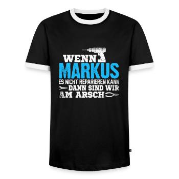 MARKUS - kann es reparieren - Männer Kontrast-T-Shirt - Schwarz/Weiß - Vorne - AI Model Female 172 light (172cm) & AI Model Male 178 light (178cm)