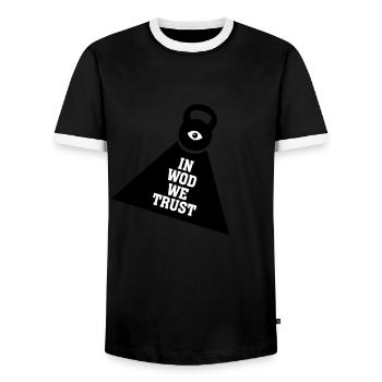 In WOD We Trust - Men's Ringer Shirt - black/white - Front - AI Model Female 172 light (172cm) & AI Model Male 178 light (178cm)