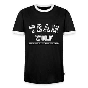 Team Wolf Familie Nachname Einer für Alle - Männer Kontrast-T-Shirt - Schwarz/Weiß - Vorne - AI Model Female 172 light (172cm) & AI Model Male 178 light (178cm)