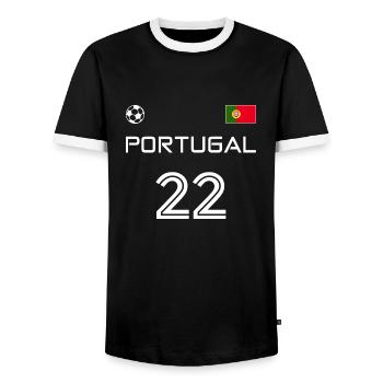 Portugal 2022 Portuguese Football Fan Jersey - Men's Ringer Shirt - black/white - Front - AI Model Female 172 light (172cm) & AI Model Male 178 light (178cm)