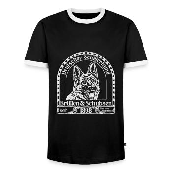 Schäferhund Brüllen&Schubsen weiß - Männer Kontrast-T-Shirt - Schwarz/Weiß - Vorne - AI Model Female 172 light (172cm) & AI Model Male 178 light (178cm)