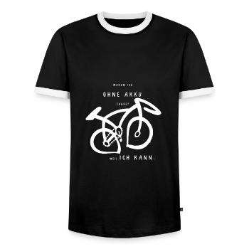 Warum ich ohne Akku fahre? - Männer Kontrast-T-Shirt - Schwarz/Weiß - Vorne - AI Model Female 172 light (172cm) & AI Model Male 178 light (178cm)