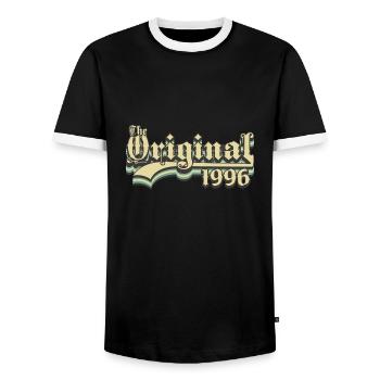 Born in 1996 the original - Men's Ringer Shirt - black/white - Front - AI Model Female 172 light (172cm) & AI Model Male 178 light (178cm)