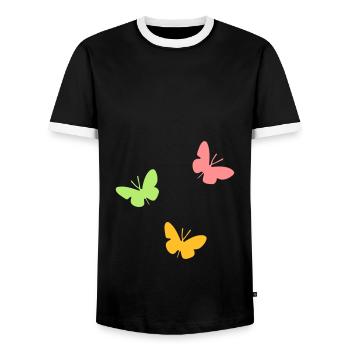 ★ Designfarben änderbar ★ Drei Schmetterlinge - Männer Kontrast-T-Shirt - Schwarz/Weiß - Vorne - AI Model Female 172 light (172cm) & AI Model Male 178 light (178cm)