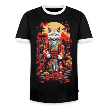 Kimono tragende Katze Shogun Ästhetik Japan Design - Männer Kontrast-T-Shirt - Schwarz/Weiß - Vorne - AI Model Female 172 light (172cm) & AI Model Male 178 light (178cm)