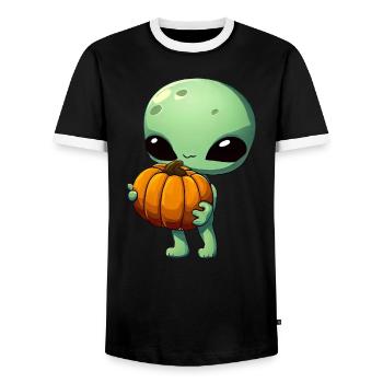Green alien with Halloween pumpkin - Men's Ringer Shirt - black/white - Front - AI Model Female 172 light (172cm) & AI Model Male 178 light (178cm)