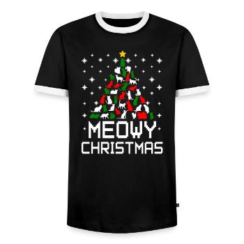 Meowy Christmas Cat Tree Ugly - Men's Ringer Shirt - black/white - Front - AI Model Female 172 light (172cm) & AI Model Male 178 light (178cm)