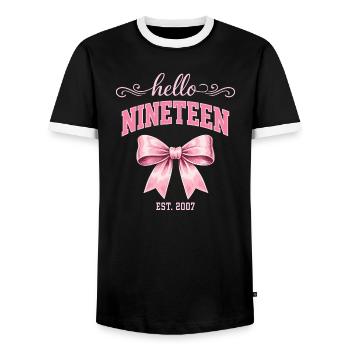 Hallo, neunzehn 19 Jahre alt ist Geburtstagsknoten 2007 - Männer Kontrast-T-Shirt - Schwarz/Weiß - Vorne - AI Model Female 172 light (172cm) & AI Model Male 178 light (178cm)