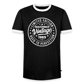 November 1983 Vintage November Birthday Gift - Men's Ringer Shirt - black/white - Front - AI Model Female 172 light (172cm) & AI Model Male 178 light (178cm)