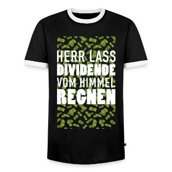 HERR LASS DIVIDENDE VOM HIMMEL REGNEN Aktien - Männer Kontrast-T-Shirt - Schwarz/Weiß - Vorne - AI Model Female 172 light (172cm) & AI Model Male 178 light (178cm)