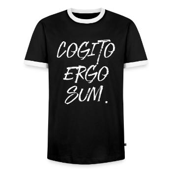so I think I'm Latin language script - Men's Ringer Shirt - black/white - Front - AI Model Female 172 light (172cm) & AI Model Male 178 light (178cm)