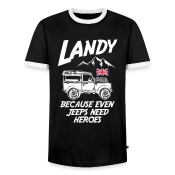 Landy Because Even Jeeps Need Heroes - Men's Ringer Shirt - black/white - Front - AI Model Female 172 light (172cm) & AI Model Male 178 light (178cm)