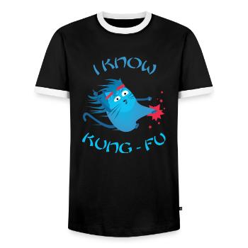 Funny Cat - I Know Kung Fu - Chats drôles - T-shirt contrasté Homme - noir/blanc - Devant - AI Model Female 172 light (172cm) & AI Model Male 178 light (178cm)