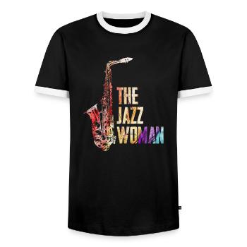 Jazz Frau - Männer Kontrast-T-Shirt - Schwarz/Weiß - Vorne - AI Model Female 172 light (172cm) & AI Model Male 178 light (178cm)