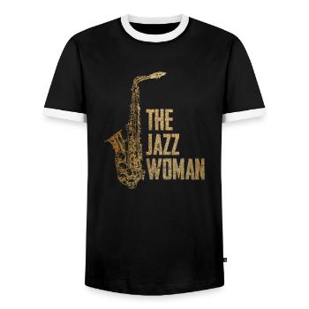 Jazz Frau - Männer Kontrast-T-Shirt - Schwarz/Weiß - Vorne - AI Model Female 172 light (172cm) & AI Model Male 178 light (178cm)
