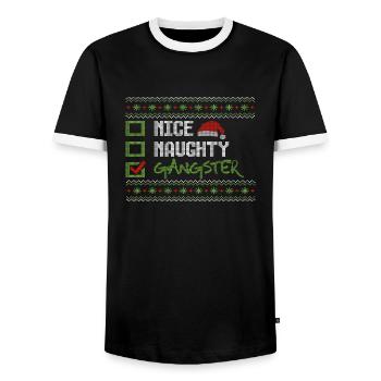 Christmas Humor Funny Nice Naughty Gangster - Men's Ringer Shirt - black/white - Front - AI Model Female 172 light (172cm) & AI Model Male 178 light (178cm)
