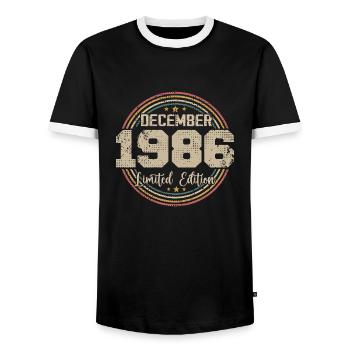 The legends were born in December 1986 - 1986 - Men's Ringer Shirt - black/white - Front - AI Model Female 172 light (172cm) & AI Model Male 178 light (178cm)