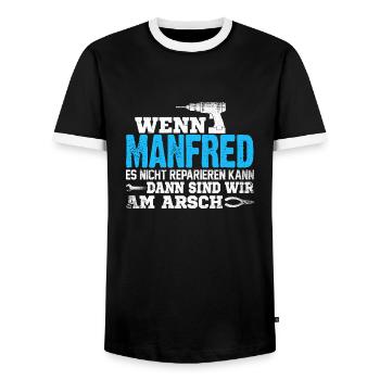 MANFRED - kann es reparieren - Männer Kontrast-T-Shirt - Schwarz/Weiß - Vorne - AI Model Female 172 light (172cm) & AI Model Male 178 light (178cm)