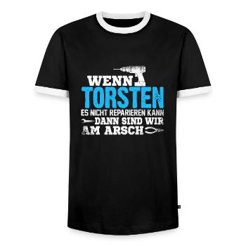TORSTEN - kann es reparieren - Männer Kontrast-T-Shirt - Schwarz/Weiß - Vorne - AI Model Female 172 light (172cm) & AI Model Male 178 light (178cm)