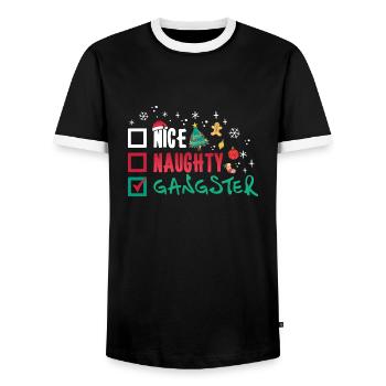 Christmas Humor Funny Nice Naughty Gangster - Men's Ringer Shirt - black/white - Front - AI Model Female 172 light (172cm) & AI Model Male 178 light (178cm)