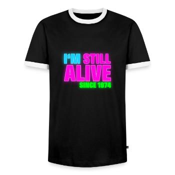 NEON - Birthday - still alive since 1974 (fr) - T-shirt contrasté Homme - noir/blanc - Devant - AI Model Female 172 light (172cm) & AI Model Male 178 light (178cm)