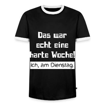 Das war echt eine harte Woche! Ich, am Dienstag. - Männer Kontrast-T-Shirt - Schwarz/Weiß - Vorne - AI Model Female 172 light (172cm) & AI Model Male 178 light (178cm)