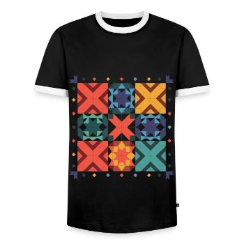 Funny Quilting I Still Play With Blocks Quilt - Men's Ringer Shirt - black/white - Front - AI Model Female 172 light (172cm) & AI Model Male 178 light (178cm)