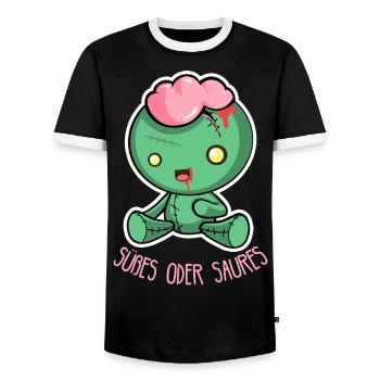 Creepy Halloween Doll - Trick or treat - Men's Ringer Shirt - black/white - Front - AI Model Female 172 light (172cm) & AI Model Male 178 light (178cm)