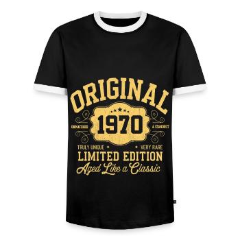 Original des années 1970 - Anniversaire Édition classique des années 1970 - T-shirt contrasté Homme - noir/blanc - Devant - AI Model Female 172 light (172cm) & AI Model Male 178 light (178cm)