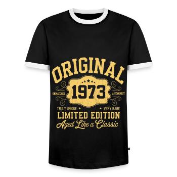 Original 1973 - Birthday 1973 Classic Edition - Men's Ringer Shirt - black/white - Front - AI Model Female 172 light (172cm) & AI Model Male 178 light (178cm)