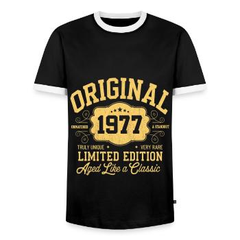 Original 1977 - Birthday 1977 Classic Edition - Men's Ringer Shirt - black/white - Front - AI Model Female 172 light (172cm) & AI Model Male 178 light (178cm)