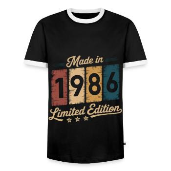 Vintage "Made in 1986" Design - Born in 1986 - Men's Ringer Shirt - black/white - Front - AI Model Female 172 light (172cm) & AI Model Male 178 light (178cm)