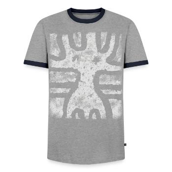 Native Abstract Art - Cave Painting - Men's Ringer Shirt - grey/navy  - Front - AI Model Female 172 light (172cm) & AI Model Male 178 light (178cm)