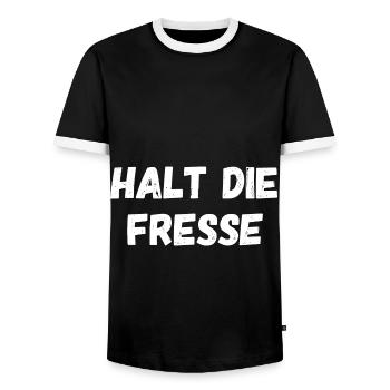 HALT DIE FRESSE - Männer Kontrast-T-Shirt - Schwarz/Weiß - Vorne - AI Model Female 172 light (172cm) & AI Model Male 178 light (178cm)