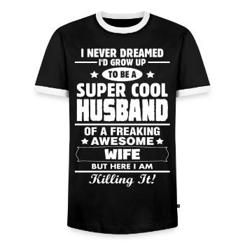 Super Cool Husband Of A Freaking Awesome Wife - Men's Ringer Shirt - black/white - Front - AI Model Female 172 light (172cm) & AI Model Male 178 light (178cm)