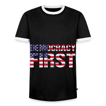 Democracy First USA Democracy Freedom - Men's Ringer Shirt - black/white - Front - AI Model Female 172 light (172cm) & AI Model Male 178 light (178cm)