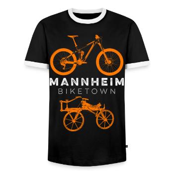 BIKETOWN MANNHEIM - Men's Ringer Shirt - black/white - Front - AI Model Female 172 light (172cm) & AI Model Male 178 light (178cm)