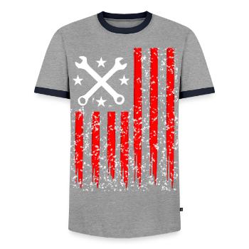 US Car Flag - Men's Ringer Shirt - grey/navy  - Front - AI Model Female 172 light (172cm) & AI Model Male 178 light (178cm)