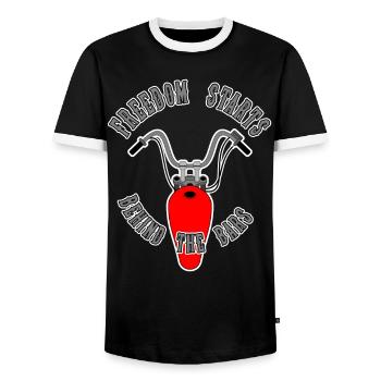 freedom starts behind the bars - Men's Ringer Shirt - black/white - Front - AI Model Female 172 light (172cm) & AI Model Male 178 light (178cm)