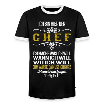 Ich bin der Chef. Da muss ich meine Frau fragen - Männer Kontrast-T-Shirt - Schwarz/Weiß - Vorne - AI Model Female 172 light (172cm) & AI Model Male 178 light (178cm)