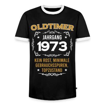 1973 Geboren Oldtimer Jung Geblieben Geburtstag - Männer Kontrast-T-Shirt - Schwarz/Weiß - Vorne - AI Model Female 172 light (172cm) & AI Model Male 178 light (178cm)