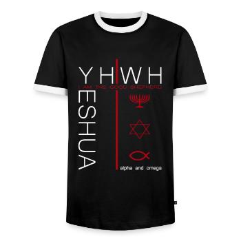 Jesus Christ YHWH Yeshua Fashion for Christians - Men's Ringer Shirt - black/white - Front - AI Model Female 172 light (172cm) & AI Model Male 178 light (178cm)