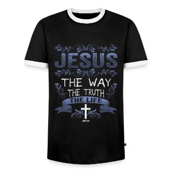 Jésus-Christ Jean 14:6 Le chemin de la vie - T-shirt contrasté Homme - noir/blanc - Devant - AI Model Female 172 light (172cm) & AI Model Male 178 light (178cm)