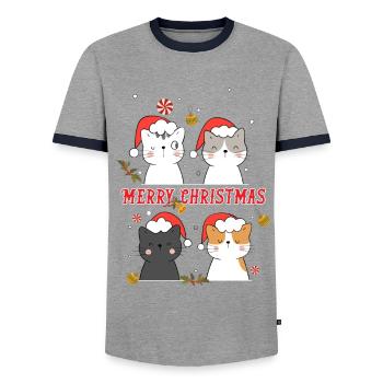 merry christmas cat - Men's Ringer Shirt - grey/navy  - Front - AI Model Female 172 light (172cm) & AI Model Male 178 light (178cm)