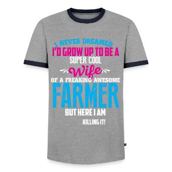 super coole bäuerin - Männer Kontrast-T-Shirt - Grau/Navy  - Vorne - AI Model Female 172 light (172cm) & AI Model Male 178 light (178cm)